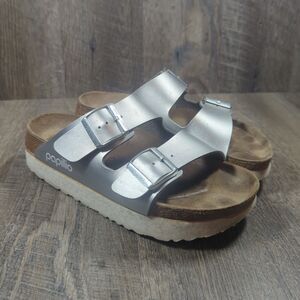 Papillio Birkenstock Silver Metallic Arizona Platform Sandals Womens Sz 8 EU 39